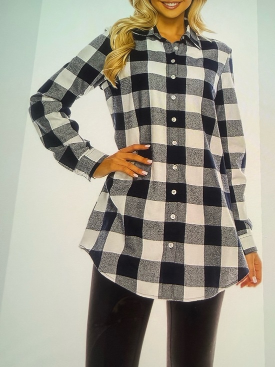 Tops - Black and White Buffalo Plaid Button-Down Tunic Top